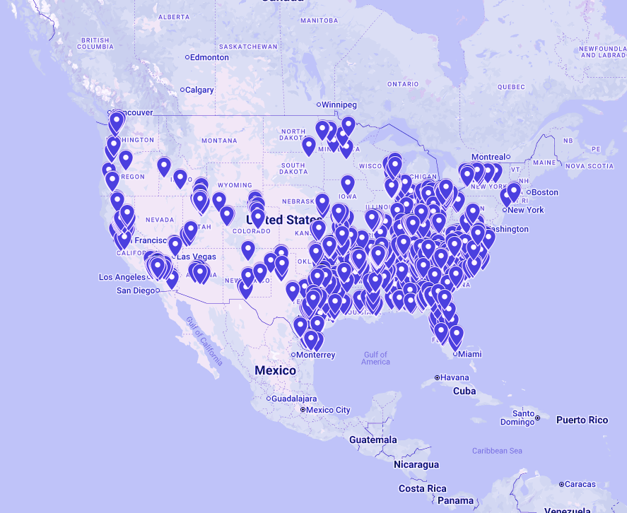 Map of the United States showing Rynse's nationwide car wash network locations