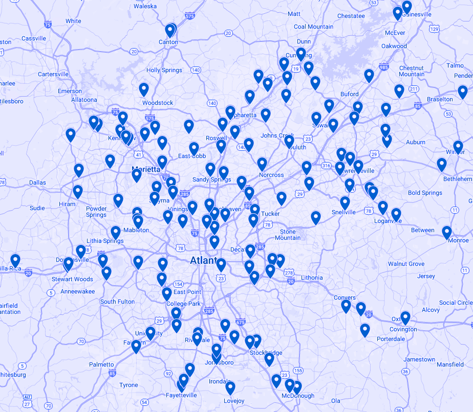 This map shows a pin for each car wash location provided to Atlanta Housing Authority. There are over 135 pins spread across the city and suburbs.