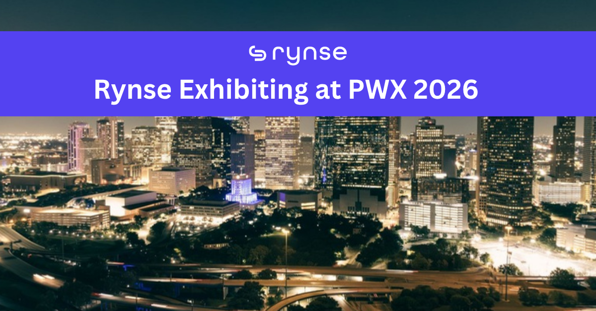 Rynse exhibiting at PWX 2026 with the downtown Houston skyline at night